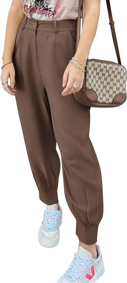 Women's elegant and fashionable high-waisted trousers with pleats and side pockets NOVAE