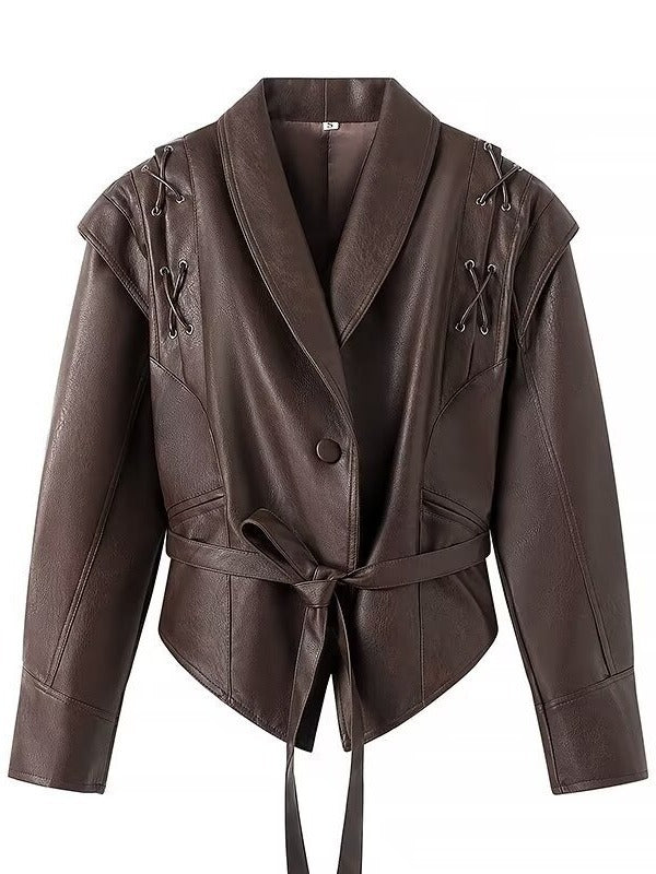 Women's fitted faux leather jacket with playful lacing detail NOVAE