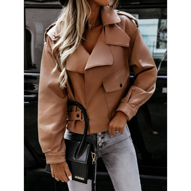 Women's faux leather biker jacket with elegant buckle and pockets NOVAE