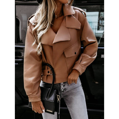 Women's faux leather biker jacket with elegant buckle and pockets NOVAE