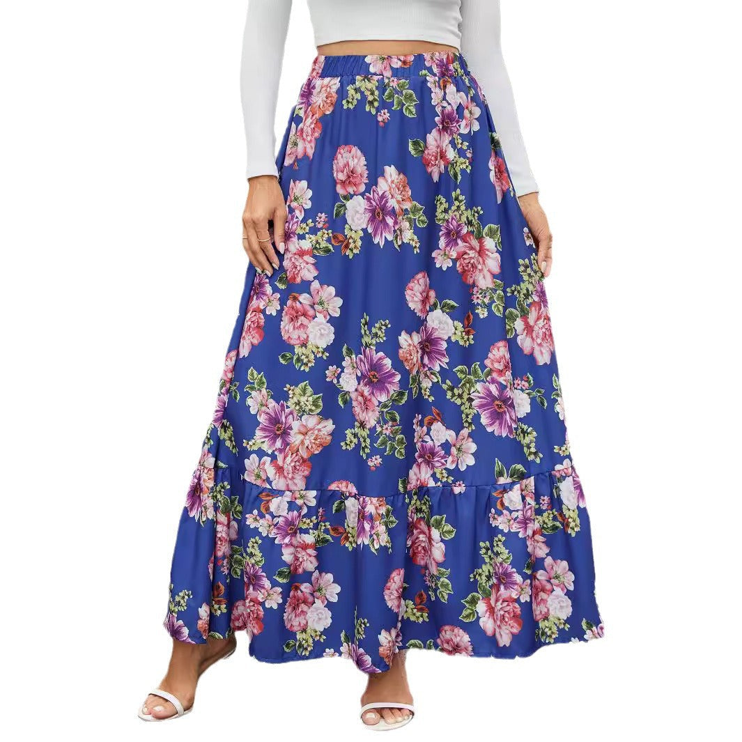Women's maxi skirt with cheerful floral pattern and voluminous tiered hem NOVAE