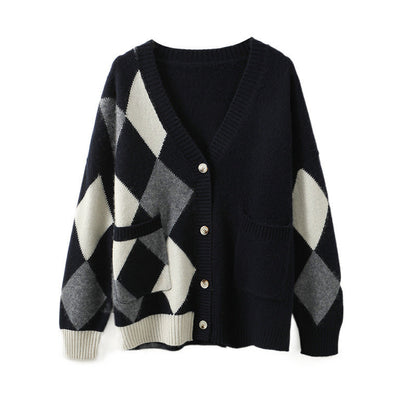 Women's chunky knit cardigan with a modern check pattern and practical pockets NOVAE