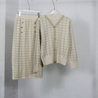 Women's knit ensemble with decorative buttons and elegant V-neck NOVAE