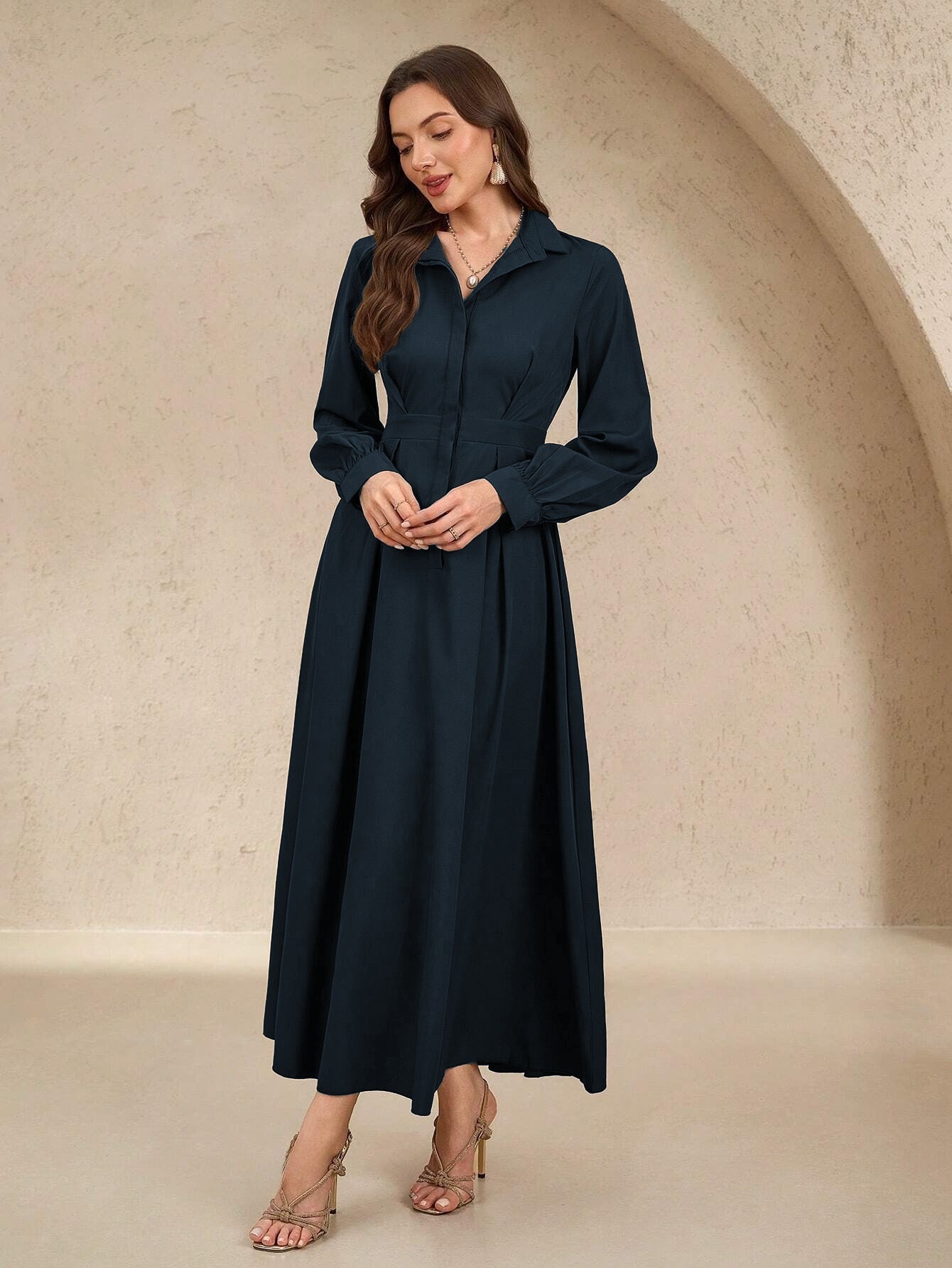 Women's Elegant Shirt Dress with Swinging Skirt and Practical Pockets NOVAE