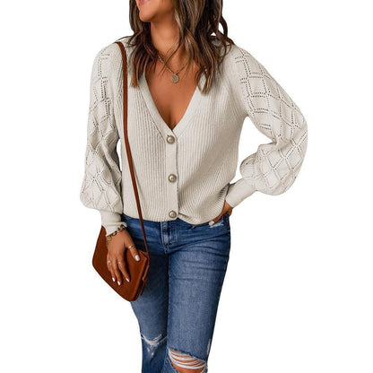 Women's cardigan with sophisticated diamond pattern and deep V-neck NOVAE