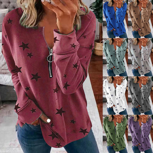 Women's Casual Sweatshirt with Zipper and Star Motif NOVAE