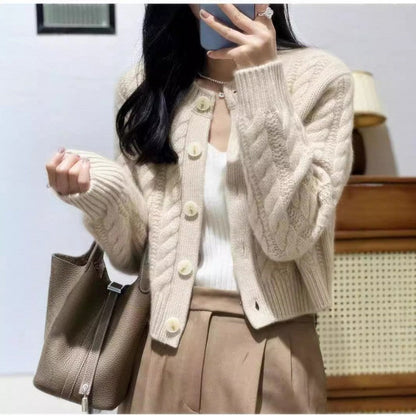 Women's chunky knit cardigan with decorative buttons and special cable pattern NOVAE