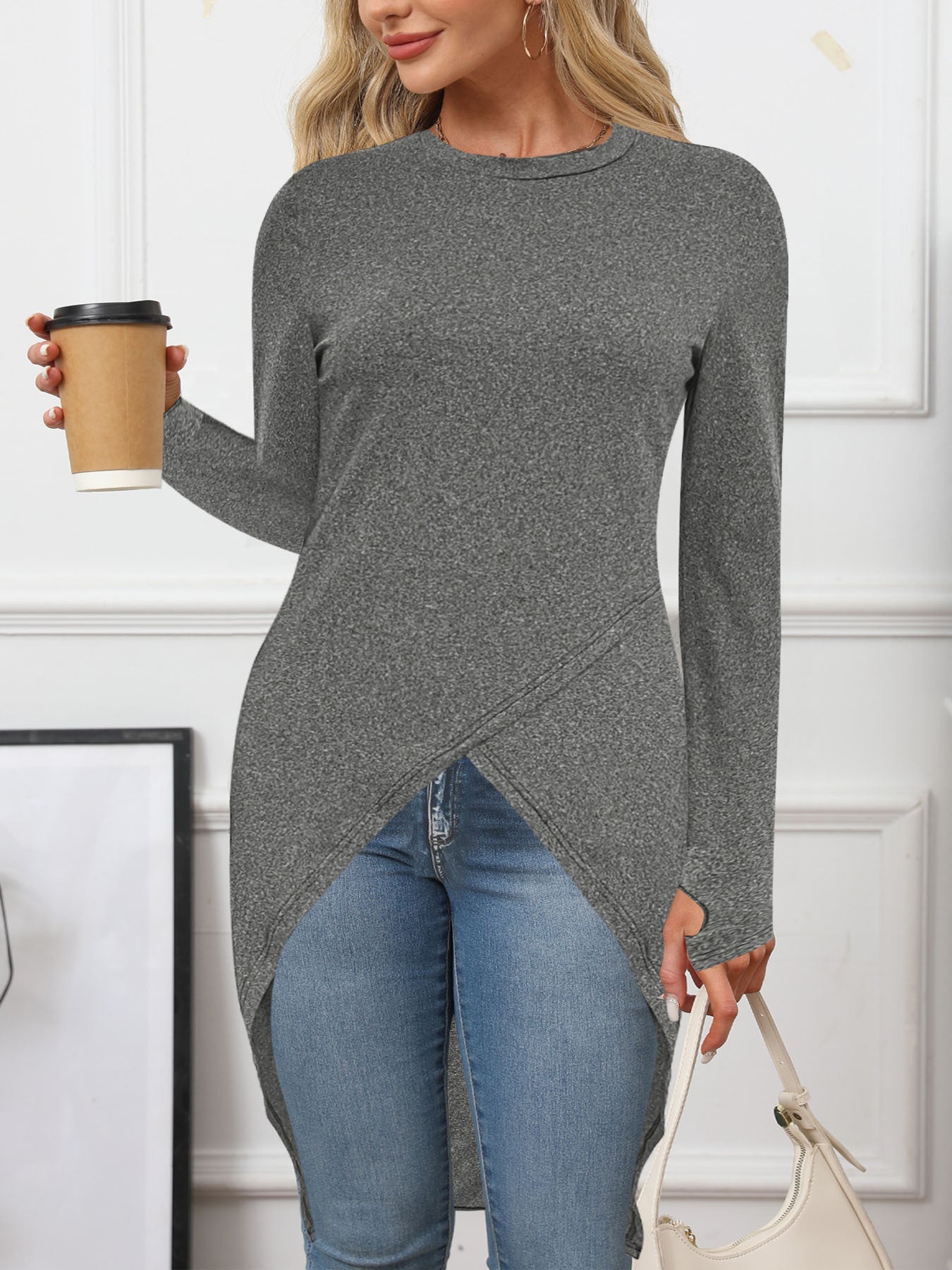 Women's asymmetrical long-sleeved top with fashionable wrap design NOVAE