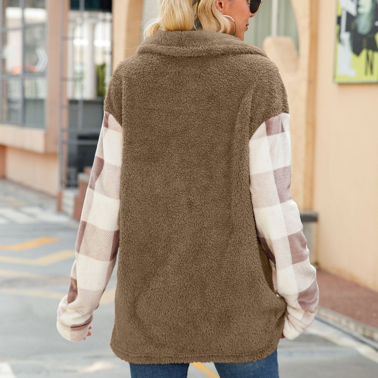 Women's fleece coat with check pattern and button placket NOVAE