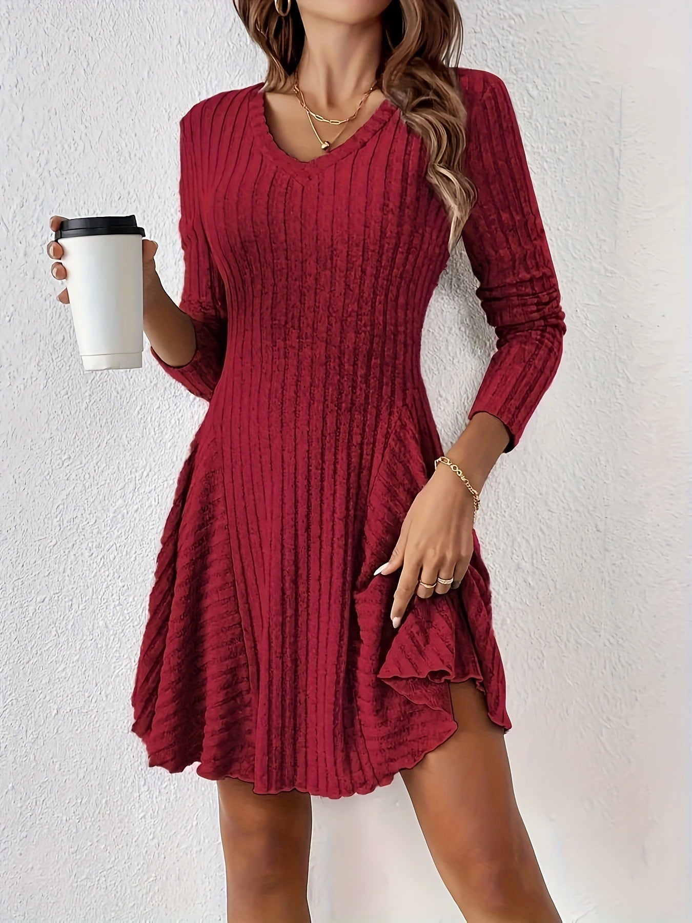 Women's V-neck dress with flared hem and long sleeves NOVAE