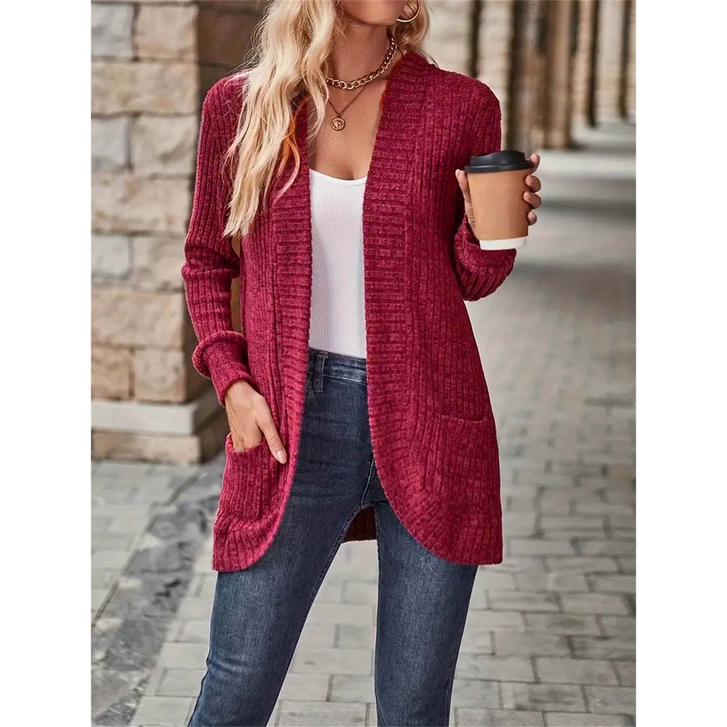 Women's open-front cardigan with fashionable ribbed texture NOVAE