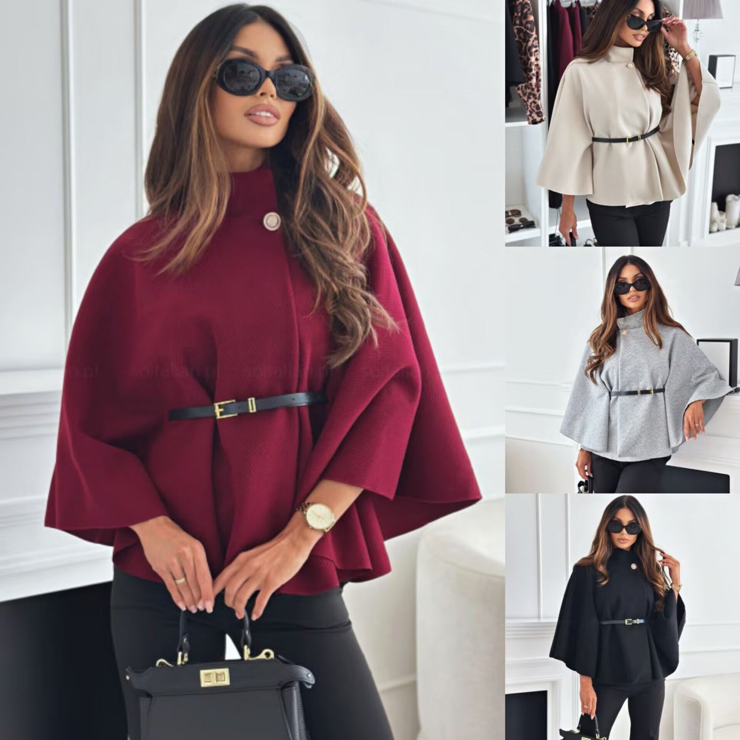 Women's elegant and fashionable cape jacket with belt made of textured fabric NOVAE