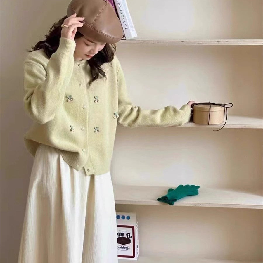 Women's cardigan with delicate pearl and flower appliqués NOVAE