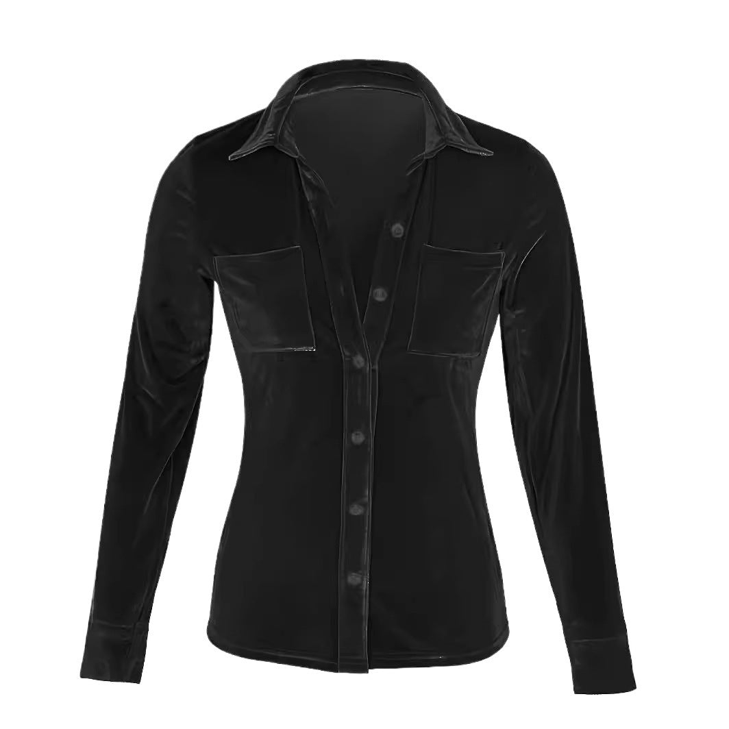 Women's shirt blouse with two chest pockets and a glossy finish NOVAE