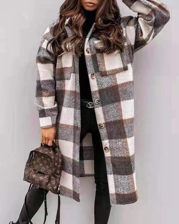 Women's Checkered Oversized Shirt Coat with Practical Pockets NOVAE