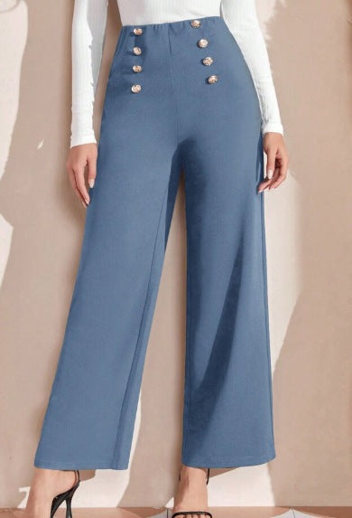 Women's High-Waisted Wide Leg Trousers with Decorative Buttons NOVAE