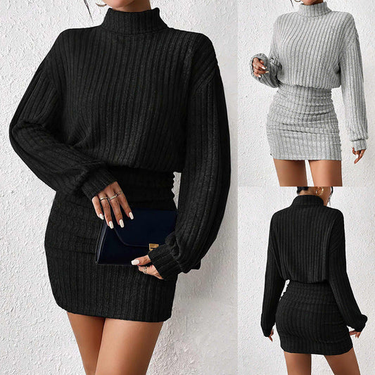 Women's knit dress with high collar and ribbed texture NOVAE