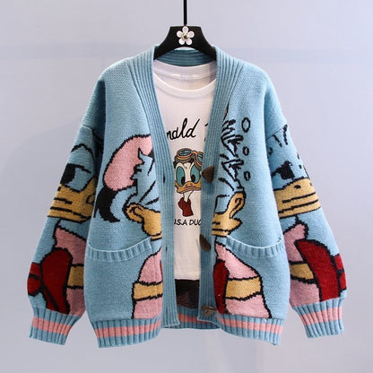 Women's Cartoon Design Cardigan with Wide Sleeves and Pockets NOVAE