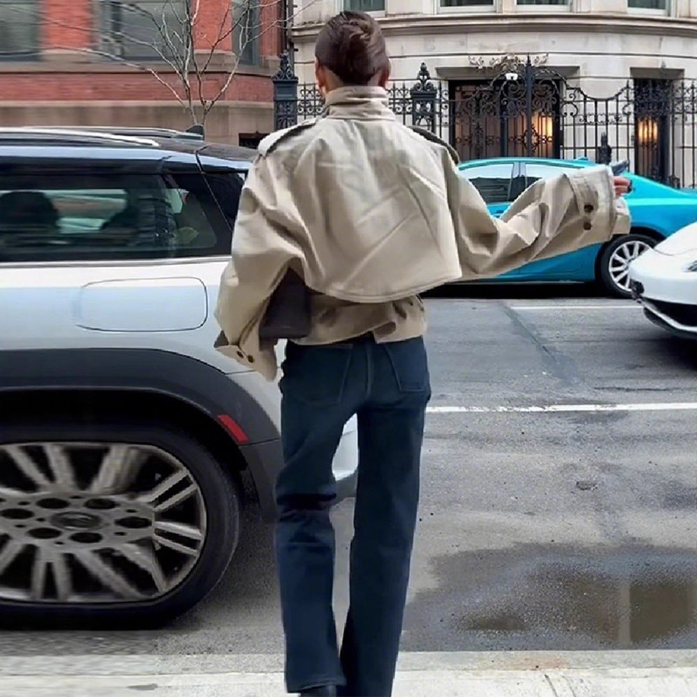 Women's fashionable short jacket with high collar and waist belt NOVAE