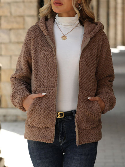 Women's Plush Fleece Jacket with Hoodie and Pockets NOVAE