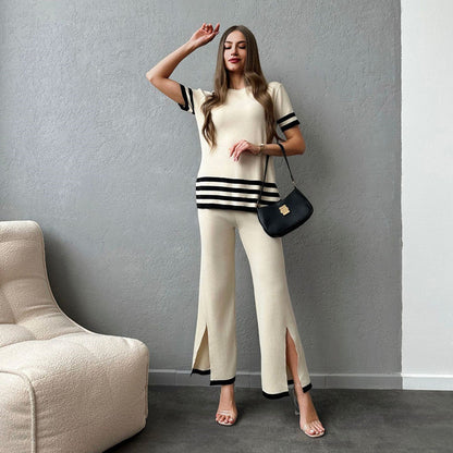 Women's stylish knit loungewear set with wide stripes and side slits NOVAE