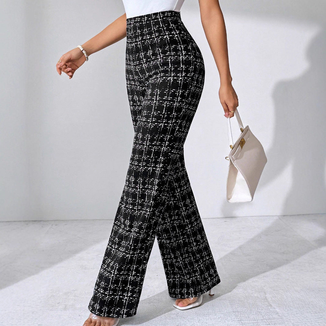 Women's High-Waisted Palazzo Trousers with Textured Check Pattern NOVAE