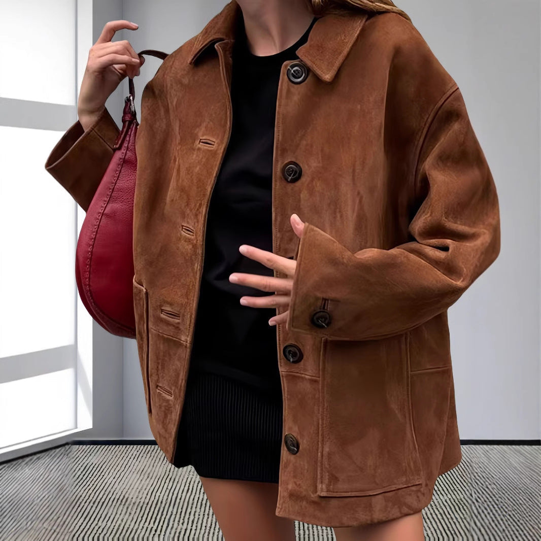 Women's oversized suede jacket with patch pockets and high-quality button placket NOVAE