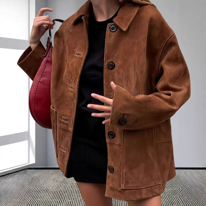Women's oversized suede jacket with patch pockets and high-quality button placket NOVAE