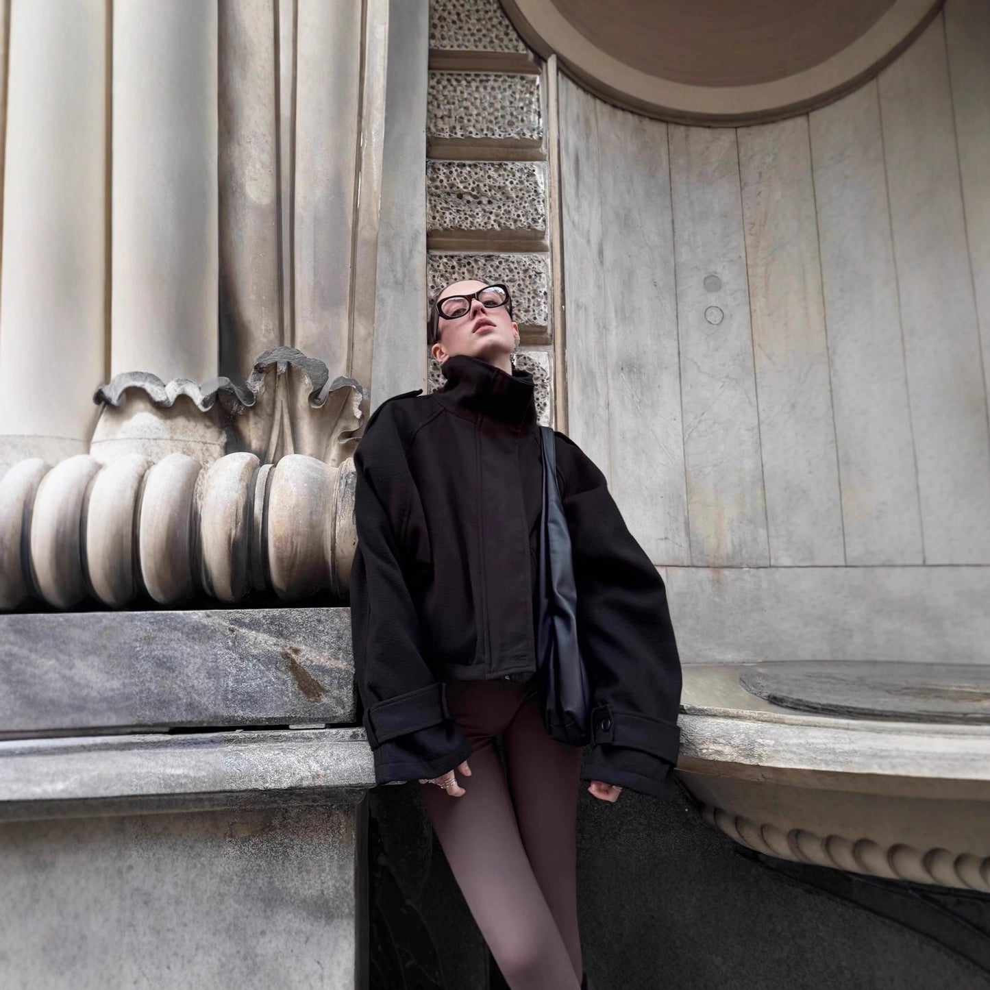 Women's fashionable wool jacket with high collar and button details NOVAE