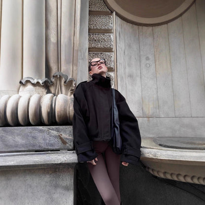 Women's fashionable wool jacket with high collar and button details NOVAE