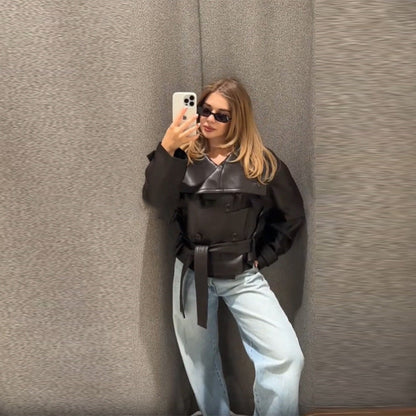 Women's Fashionable Cropped Leather Jacket with Double Button Placket and Wide Collar NOVAE