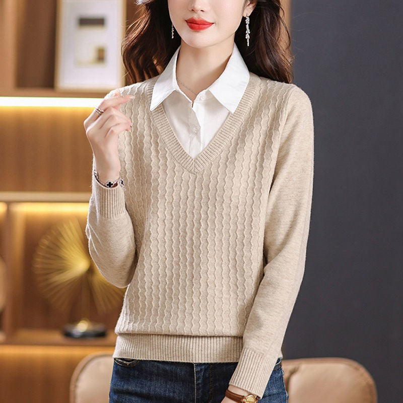 Women's V-neck knit sweater with textured design NOVAE