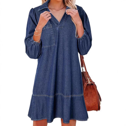 Women's denim dress with voluminous sleeves and side pocket NOVAE