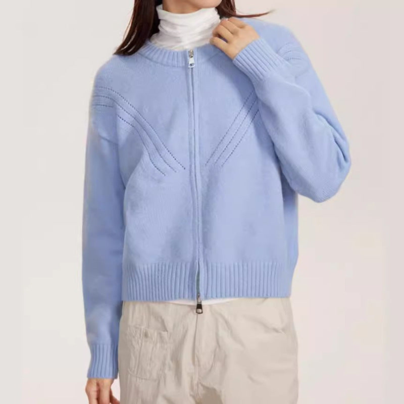 Women's cozy cardigan with modern zipper and fine textured design NOVAE