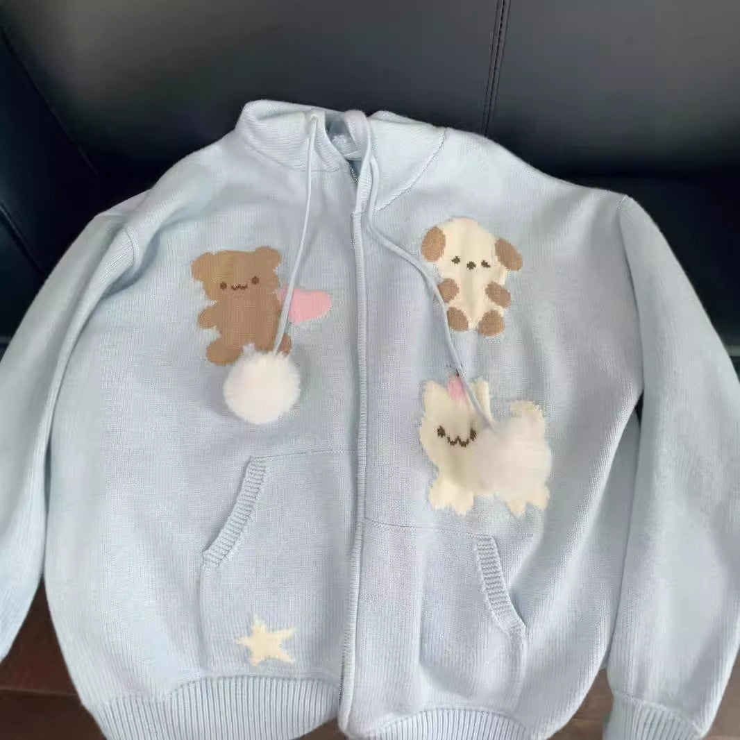 Women's hooded jacket with playful animal motifs and pompoms NOVAE