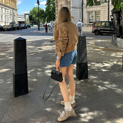 Women's suede jacket in a modern cropped style with pockets NOVAE