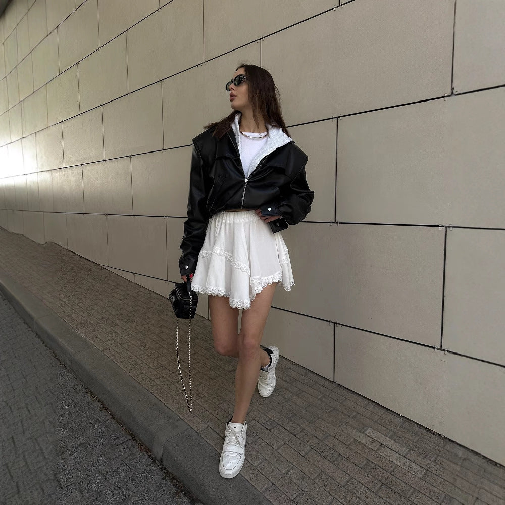 Women's fashionable cropped leather jacket NOVAE