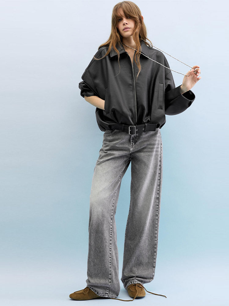 Women's fashionable faux leather jacket with a wide cut and waist belt NOVAE