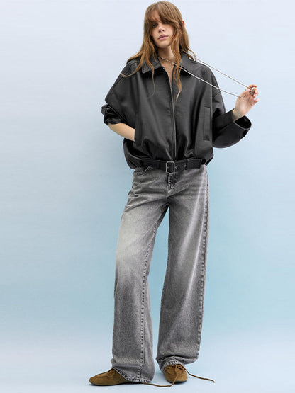 Women's fashionable faux leather jacket with a wide cut and waist belt NOVAE