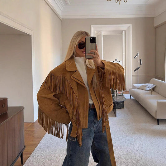 Women's leather jacket with fringe and waist belt NOVAE