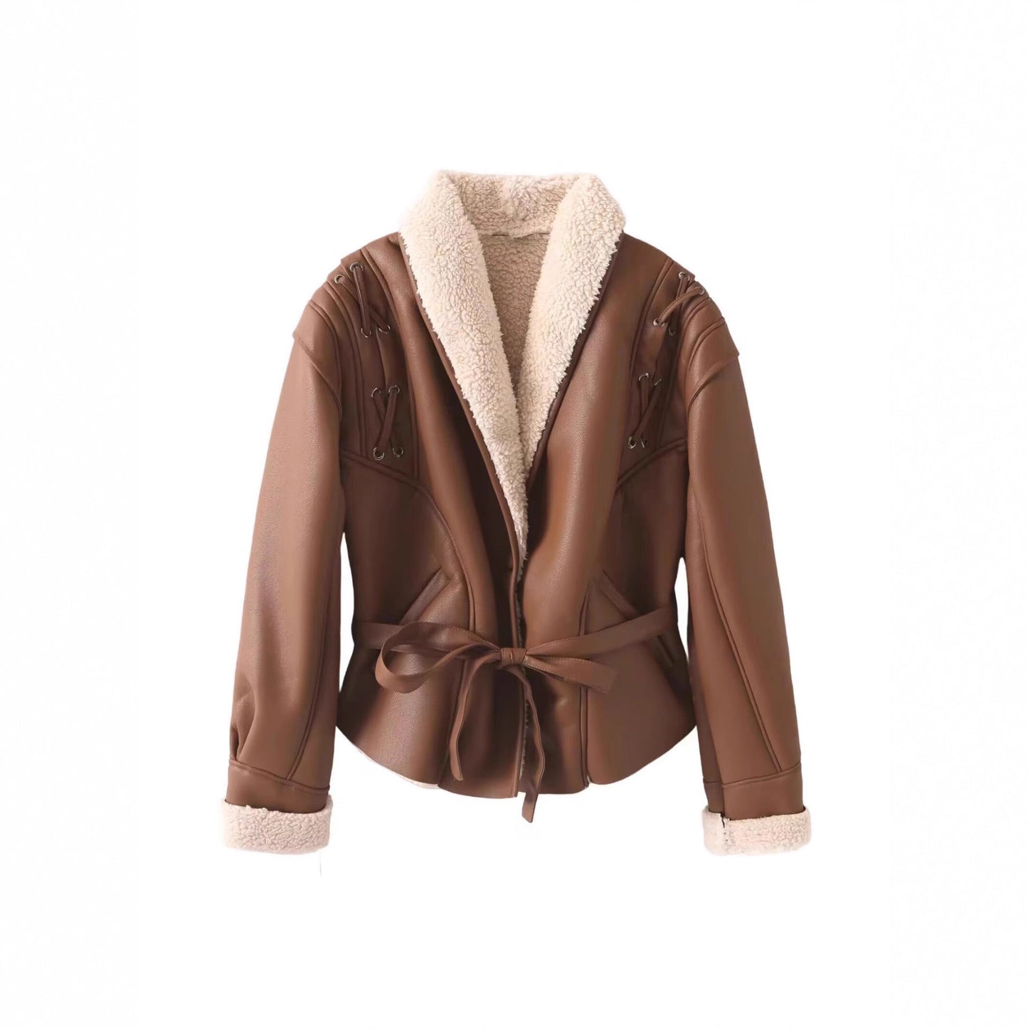 Women's trendy faux leather jacket with fluffy lining and tie belt NOVAE