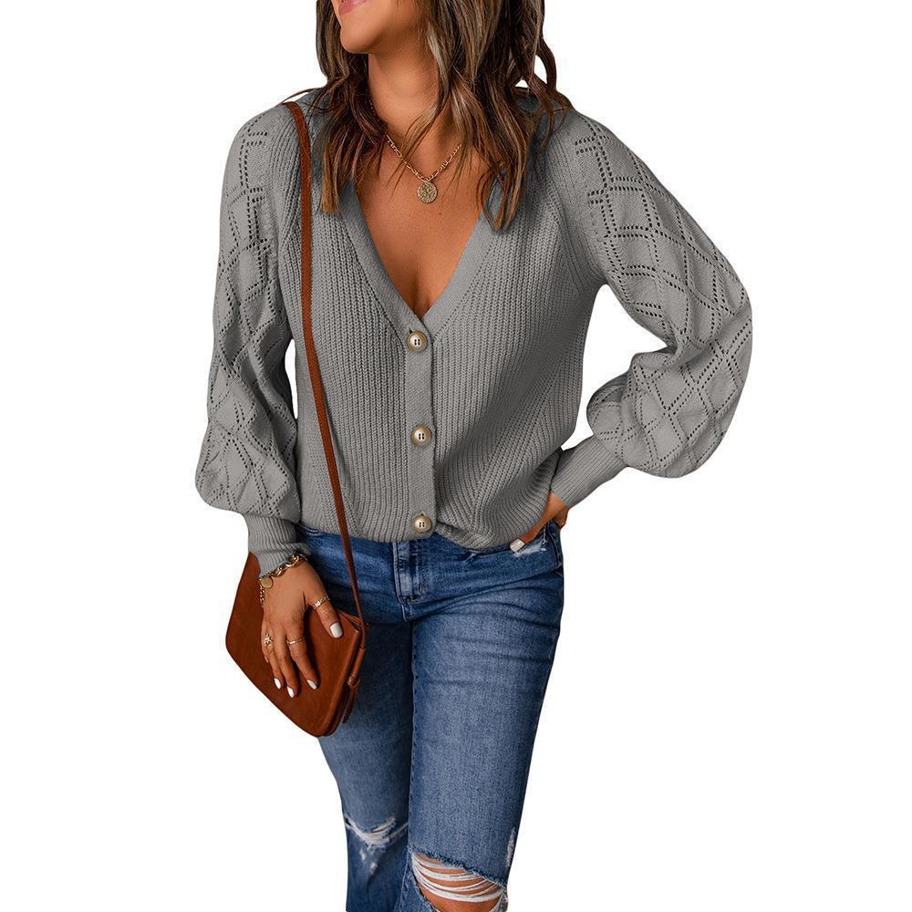 Women's cardigan with sophisticated diamond pattern and deep V-neck NOVAE