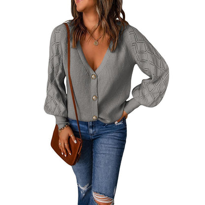 Women's cardigan with sophisticated diamond pattern and deep V-neck NOVAE