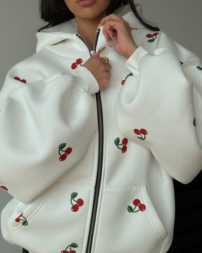 Women's hooded jacket with unique cherry design and oversized cut NOVAE