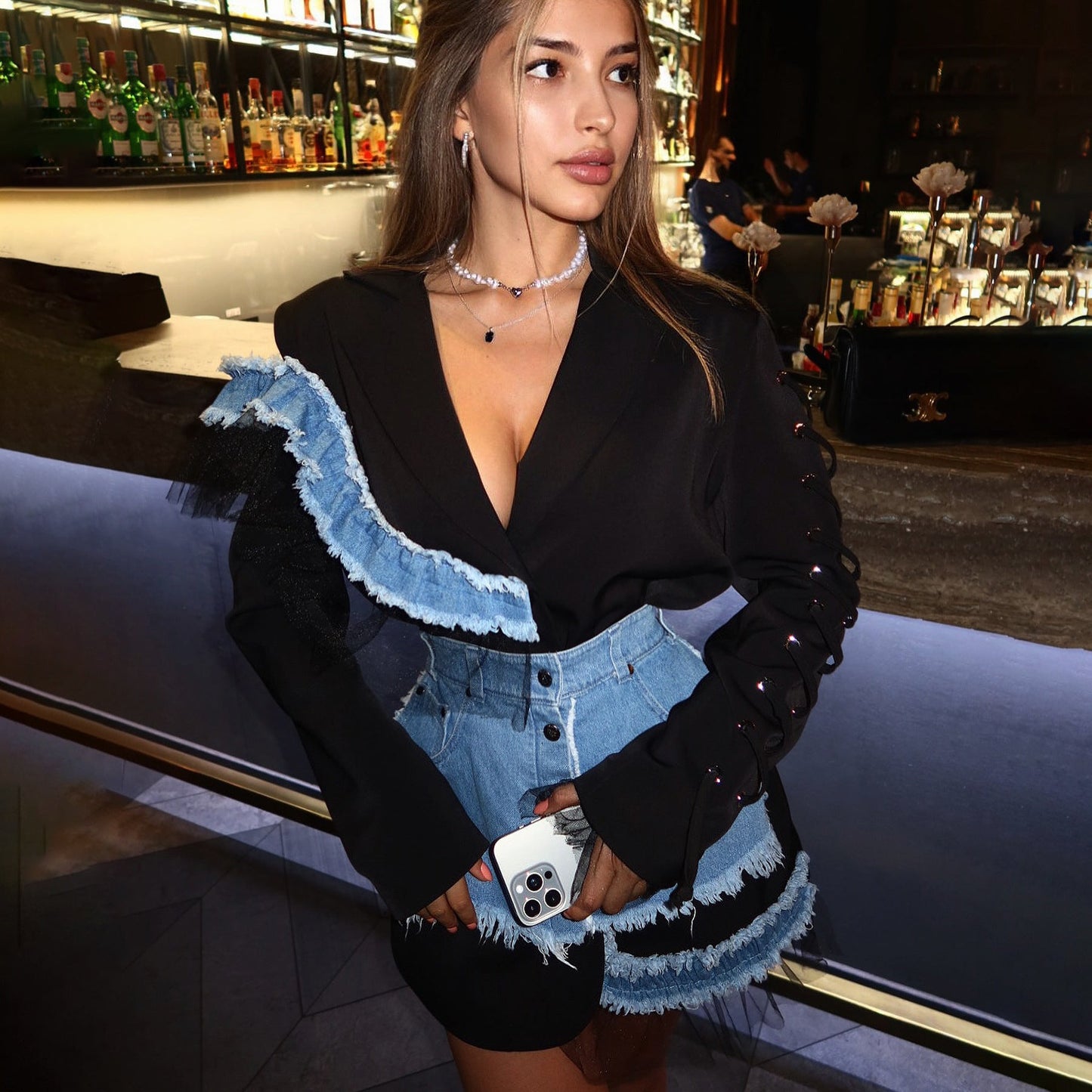 Women's fashionable two-piece set with asymmetrical design and fringed details NOVAE