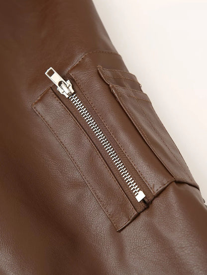 Women's leather bomber jacket with practical zip pockets and elastic waistband NOVAE