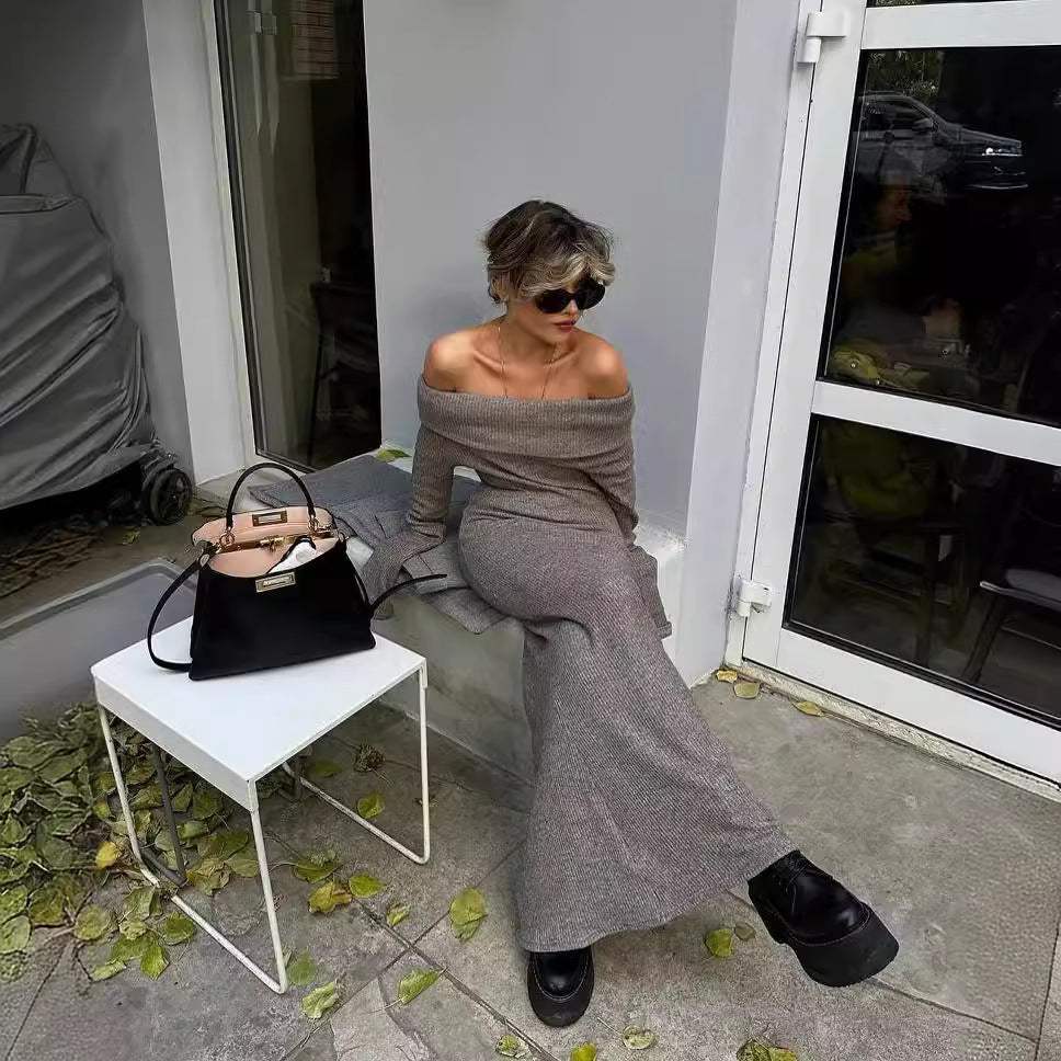 Women's Elegant Knit Maxi Dress with Off-Shoulder Neckline and Figure-Hugging Cut NOVAE