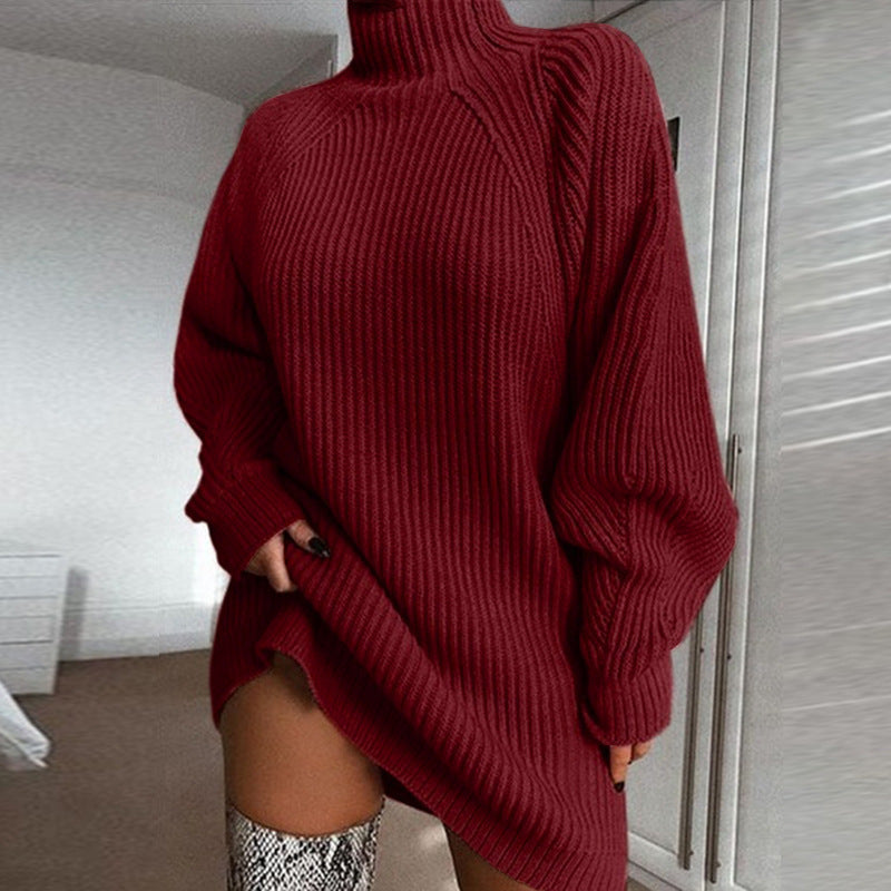 Women's sweater dress with high collar and textured knit pattern NOVAE