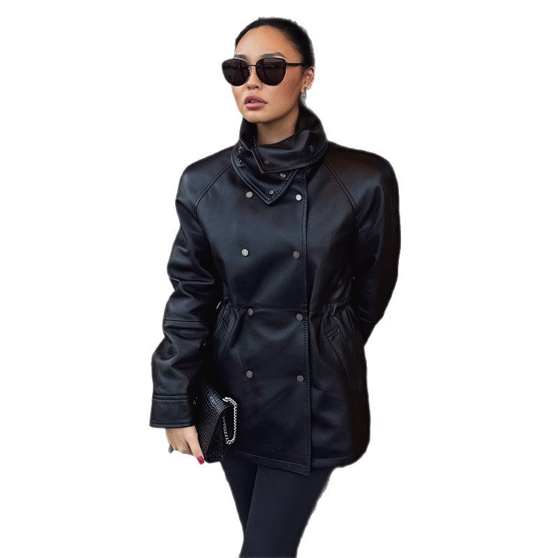 Women's fashionable faux leather jacket with high collar and practical pockets NOVAE