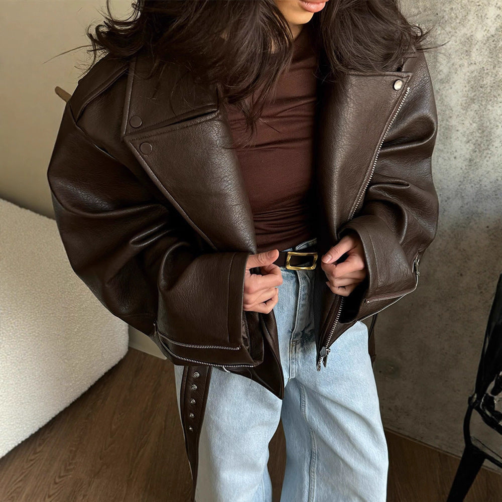 Women's fashionable biker jacket with wide collar and waist belt NOVAE
